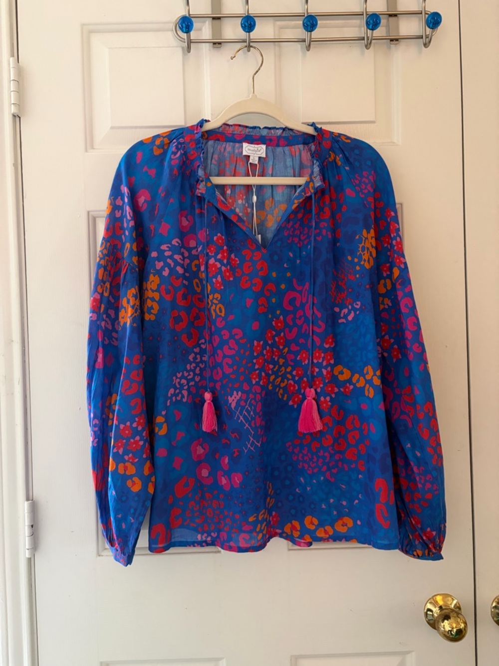 Mud Pie Blue Mixed-Print Tassel Peasant Blouse
